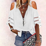 Lumento Women Zip Up V Neck Blouse Bell Sleeve Casual Shirts Sexy Cold Shoulder Tops
