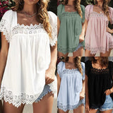 Short Sleeve Swing Shirt for Womens Casual Loose Lace Crochet Tunic Blouse Tops Summer Beach Square Neck T Shirt
