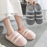 Unisex Adults Stripes Slip On Round Toe Cotton Slipper Plush Keep Warm Slippers