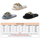 Womens Metal Chain Flat Plush Slippers Open Toe Winter Warm Mues Shoes Sliders