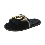 Womens Metal Chain Flat Plush Slippers Open Toe Winter Warm Mues Shoes Sliders