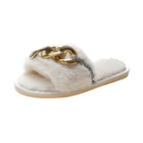 Womens Metal Chain Flat Plush Slippers Open Toe Winter Warm Mues Shoes Sliders