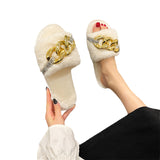 Womens Metal Chain Flat Plush Slippers Open Toe Winter Warm Mues Shoes Sliders