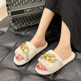 Womens Metal Chain Flat Plush Slippers Open Toe Winter Warm Mues Shoes Sliders