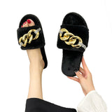 Womens Metal Chain Flat Plush Slippers Open Toe Winter Warm Mues Shoes Sliders