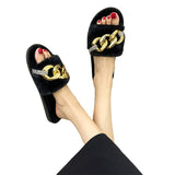 Womens Metal Chain Flat Plush Slippers Open Toe Winter Warm Mues Shoes Sliders