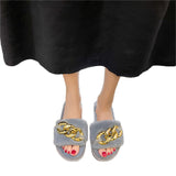 Womens Metal Chain Flat Plush Slippers Open Toe Winter Warm Mues Shoes Sliders
