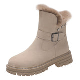 Women Round Toe Plush Ankle Boots Side Zip Lightweight Flat Casual Winter Walking Shoes