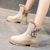Women Round Toe Plush Ankle Boots Side Zip Lightweight Flat Casual Winter Walking Shoes