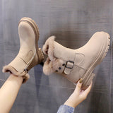 Women Round Toe Plush Ankle Boots Side Zip Lightweight Flat Casual Winter Walking Shoes