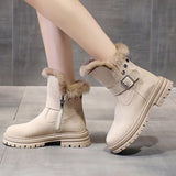 Women Round Toe Plush Ankle Boots Side Zip Lightweight Flat Casual Winter Walking Shoes