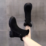 Women Round Toe Plush Ankle Boots Side Zip Lightweight Flat Casual Winter Walking Shoes