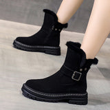 Women Round Toe Plush Ankle Boots Side Zip Lightweight Flat Casual Winter Walking Shoes