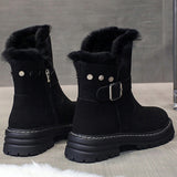 Women Round Toe Plush Ankle Boots Side Zip Lightweight Flat Casual Winter Walking Shoes