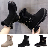 Women Round Toe Plush Ankle Boots Side Zip Lightweight Flat Casual Winter Walking Shoes