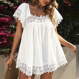 Short Sleeve Swing Shirt for Womens Casual Loose Lace Crochet Tunic Blouse Tops Summer Beach Square Neck T Shirt
