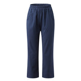 Women's Cotton Straight Capri Pants Casual Elastic Waist Trousers with 2 Pockets