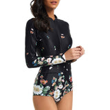 Women Zip Front One Piece Swimwear Rashguard Long Sleeve Swimsuit Boyleg Sports Beachwear Swimming Surfing Wetsuit Push Up Padded Bra Bathing Suits