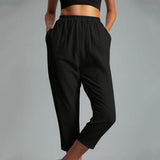 Women's Cotton Straight Capri Pants Casual Elastic Waist Trousers with 2 Pockets