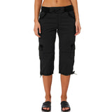 Women With Pockets Capri Pants Comfy Bottoms Loose Fit Casual Cropped Trousers Drawstring Elastic Waist Straight Leg Cargo Pant