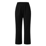 Women's Cotton Straight Capri Pants Casual Elastic Waist Trousers with 2 Pockets
