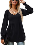 Women Ruched Baggy T-shirt Puff Long Sleeves Tops Loose Casual Tunic Sexy Low V Neck Blouse Swing Ruffle Pullover