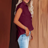 Women Solid Short Sleeve Shirt Lapel Blouse Baggy Loose Tunic Casual Tops Button-Down Cardigan