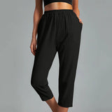 Women's Cotton Straight Capri Pants Casual Elastic Waist Trousers with 2 Pockets