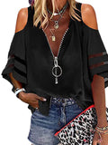 Lumento Women Zip Up V Neck Blouse Bell Sleeve Casual Shirts Sexy Cold Shoulder Tops