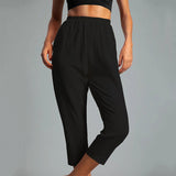 Women's Cotton Straight Capri Pants Casual Elastic Waist Trousers with 2 Pockets