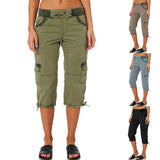 Women With Pockets Capri Pants Comfy Bottoms Loose Fit Casual Cropped Trousers Drawstring Elastic Waist Straight Leg Cargo Pant