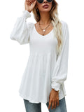 Women Ruched Baggy T-shirt Puff Long Sleeves Tops Loose Casual Tunic Sexy Low V Neck Blouse Swing Ruffle Pullover