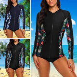 Black Women Zipper Front Wetsuit Swimsuit Long Sleeve One-piece Bathing Suit UV Sun Protection Surfing Swimwear Tummy Control Diving Beachwear