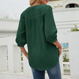Lumento Women's Casual 3/4 Sleeve Shirt Henley V-Neck Button Up Pleated Tops Swiss Dot Blouse