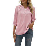 Lumento Women's Casual 3/4 Sleeve Shirt Henley V-Neck Button Up Pleated Tops Swiss Dot Blouse