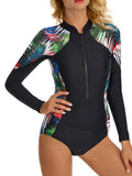Women Zipper Front Wetsuit Swimsuit Long Sleeve One-piece Bathing Suit UV Sun Protection Surfing Swimwear Tummy Control Diving Beachwear