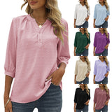 Lumento Women's Casual 3/4 Sleeve Shirt Henley V-Neck Button Up Pleated Tops Swiss Dot Blouse