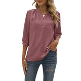 Lumento Women's Casual 3/4 Sleeve Shirt Henley V-Neck Button Up Pleated Tops Swiss Dot Blouse