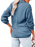 Calzi Women Solid Collar Shirt Buttons Down Loose Tunic Tops V Neck Long Sleeve Tee Shirts Pullover Blouse Top Blue XL