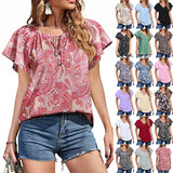 Capreze Women Boho Floral Shirt Tops Ladies Ruffle V Neck Basic Tee Tunic Blouse Summer Flowy T-Shirt Size S-2XL