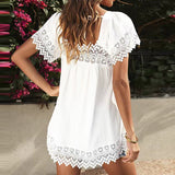 Short Sleeve Swing Shirt for Womens Casual Loose Lace Crochet Tunic Blouse Tops Summer Beach Square Neck T Shirt