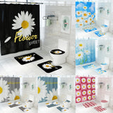 4Pcs/Set Daisy Bathroom Shower Curtain Lid Toilet Cover Bath Mat Rug w/ 12 Hooks