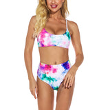 Women Tie Dye Two Piece Bikini Set High Waist Padded Swimsuit Swimwear Beachwear