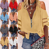 Lumento Women Zip Up V Neck Blouse Bell Sleeve Casual Shirts Sexy Cold Shoulder Tops