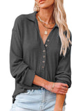 Calzi Women Solid Collar Shirt Buttons Down Loose Tunic Tops V Neck Long Sleeve Tee Shirts Pullover Blouse Top Blue XL