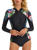 Women Zipper Front Wetsuit Swimsuit Long Sleeve One-piece Bathing Suit UV Sun Protection Surfing Swimwear Tummy Control Diving Beachwear