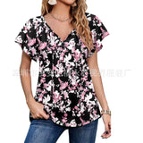 Capreze Women Boho Floral Shirt Tops Ladies Ruffle V Neck Basic Tee Tunic Blouse Summer Flowy T-Shirt Size S-2XL