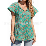 Capreze Women Boho Floral Shirt Tops Ladies Ruffle V Neck Basic Tee Tunic Blouse Summer Flowy T-Shirt Size S-2XL