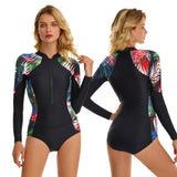 Women Zipper Front Wetsuit Swimsuit Long Sleeve One-piece Bathing Suit UV Sun Protection Surfing Swimwear Tummy Control Diving Beachwear