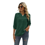 Lumento Women's Casual 3/4 Sleeve Shirt Henley V-Neck Button Up Pleated Tops Swiss Dot Blouse